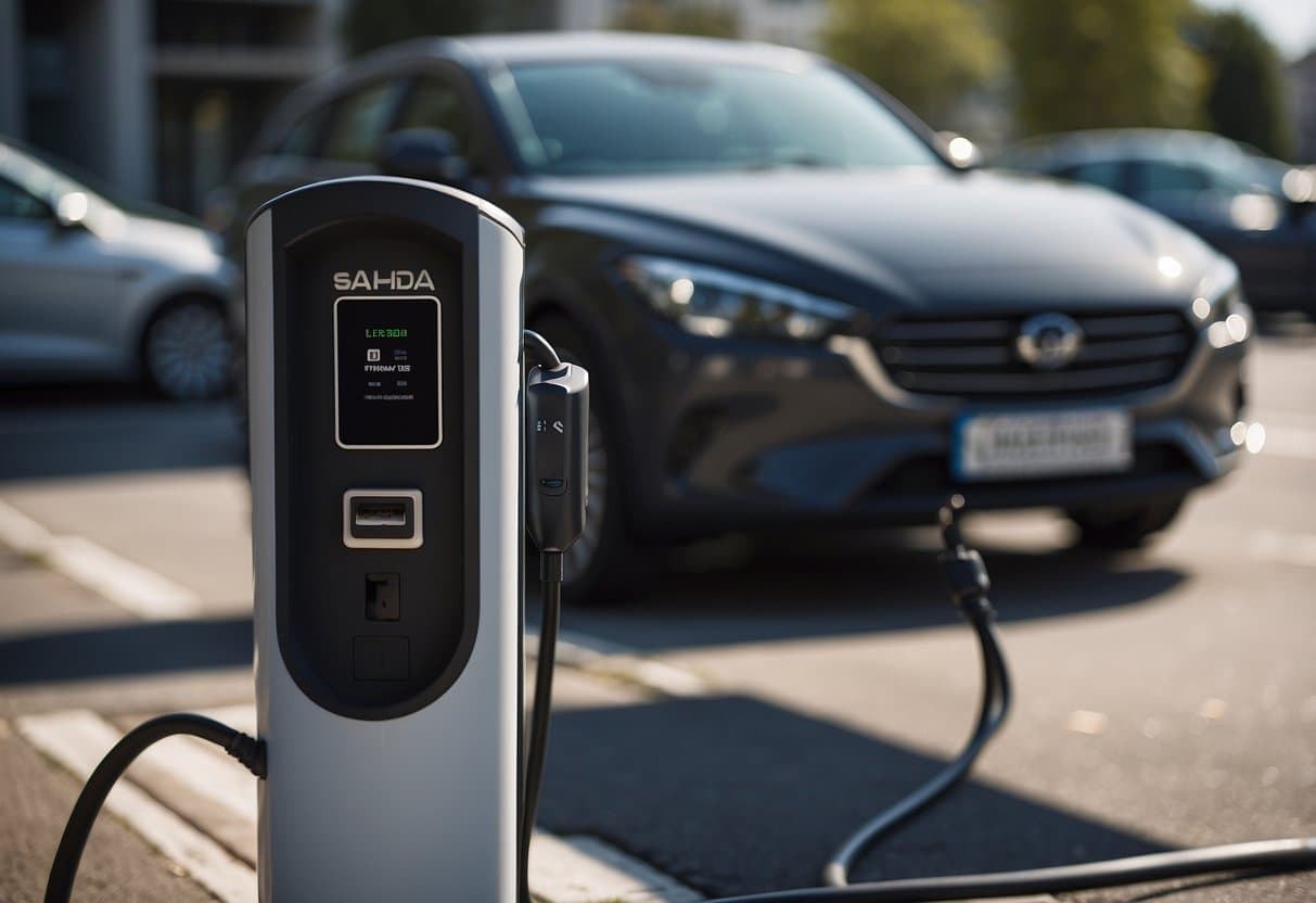 A car parked at a charging station with a non-functional port, indicated by a frustrated driver and a disconnected charging cable